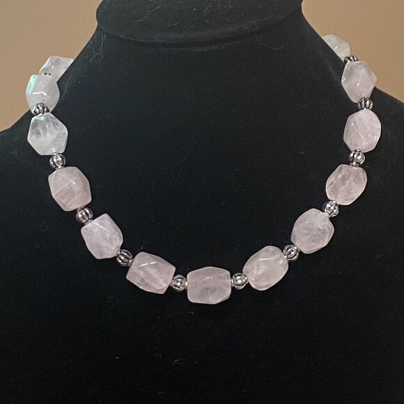 Beaded Diamond-cut Rose Quartz Necklace, Pale Pink Genuine Gemstone Choker - Picture 2 of 10